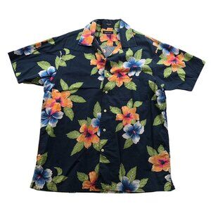 Nautica Mens Hawaiian Shirt Large Short Sleeve Navy Floral 100% Cotton Casual